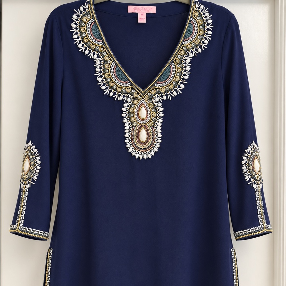 Lilly Pulitzer - Embellished Navy Beaded V-Neck Tunic - Size M
